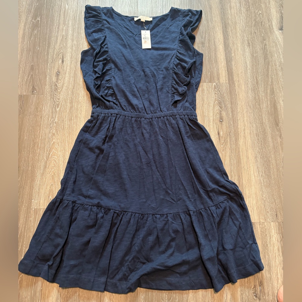 LOFT Dark Blue Midi Dress with Ruffles